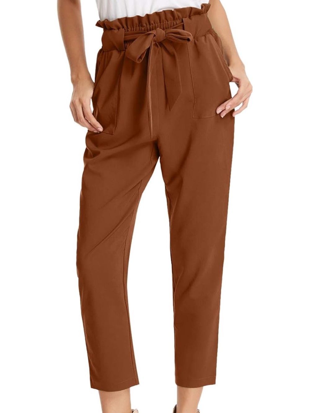 Grace Karin Rust Brown Paperbag High Waist Cropped Pants With Tie Belt